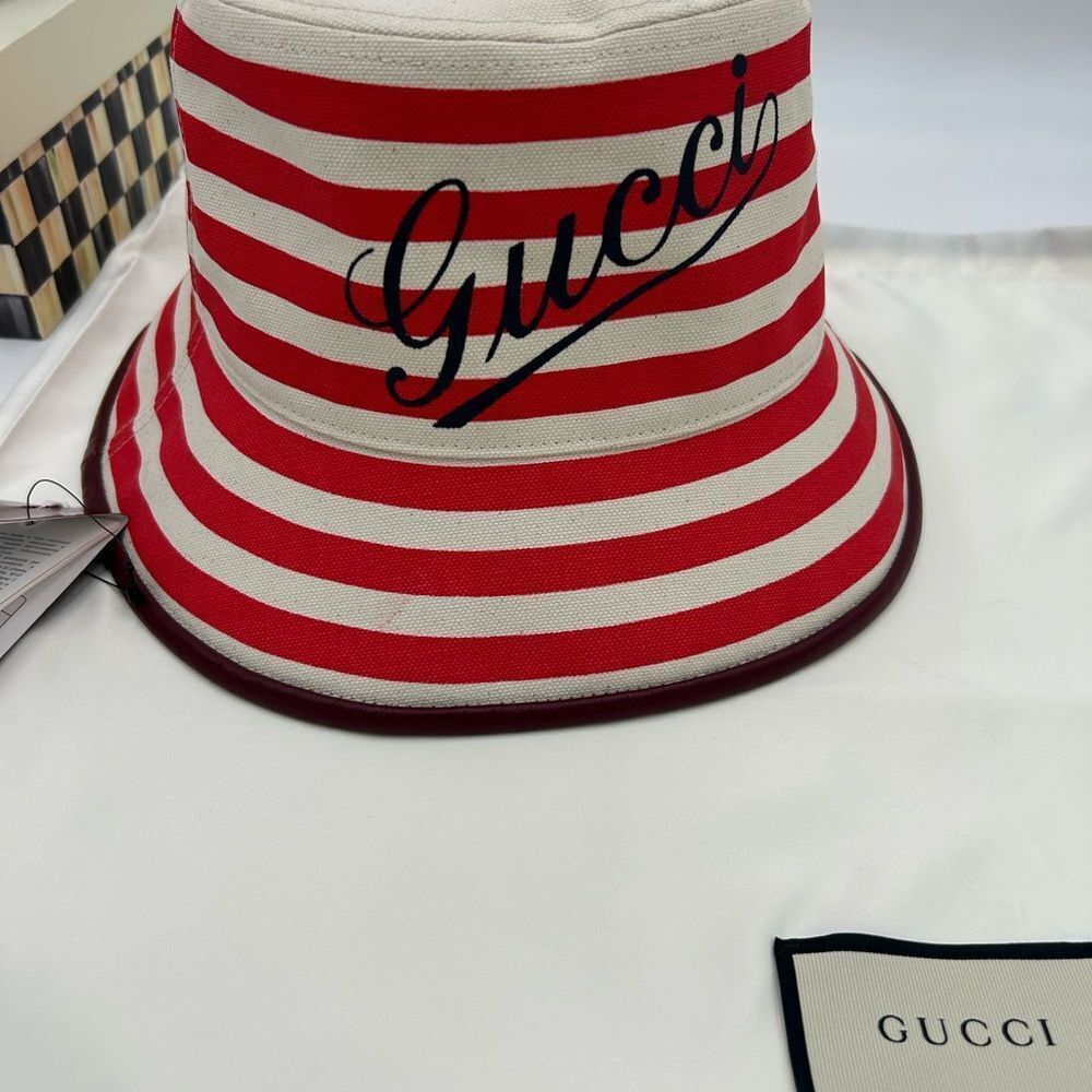 Women's Gucci, striped canvas, bucket, hat, size large made in Italy - Picture 2 of 8